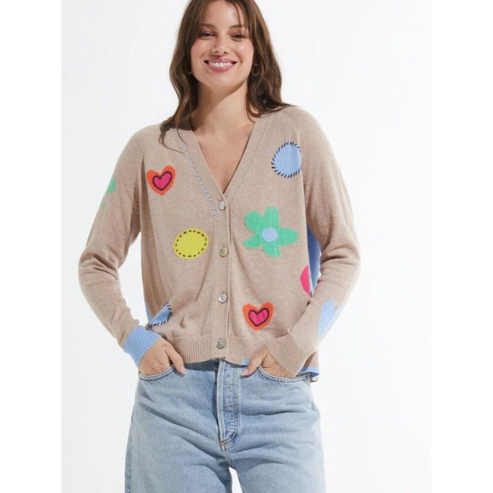 Zaket & Plover Flowers + Spots Cardigan Sweater Oat Women's sz L NWT